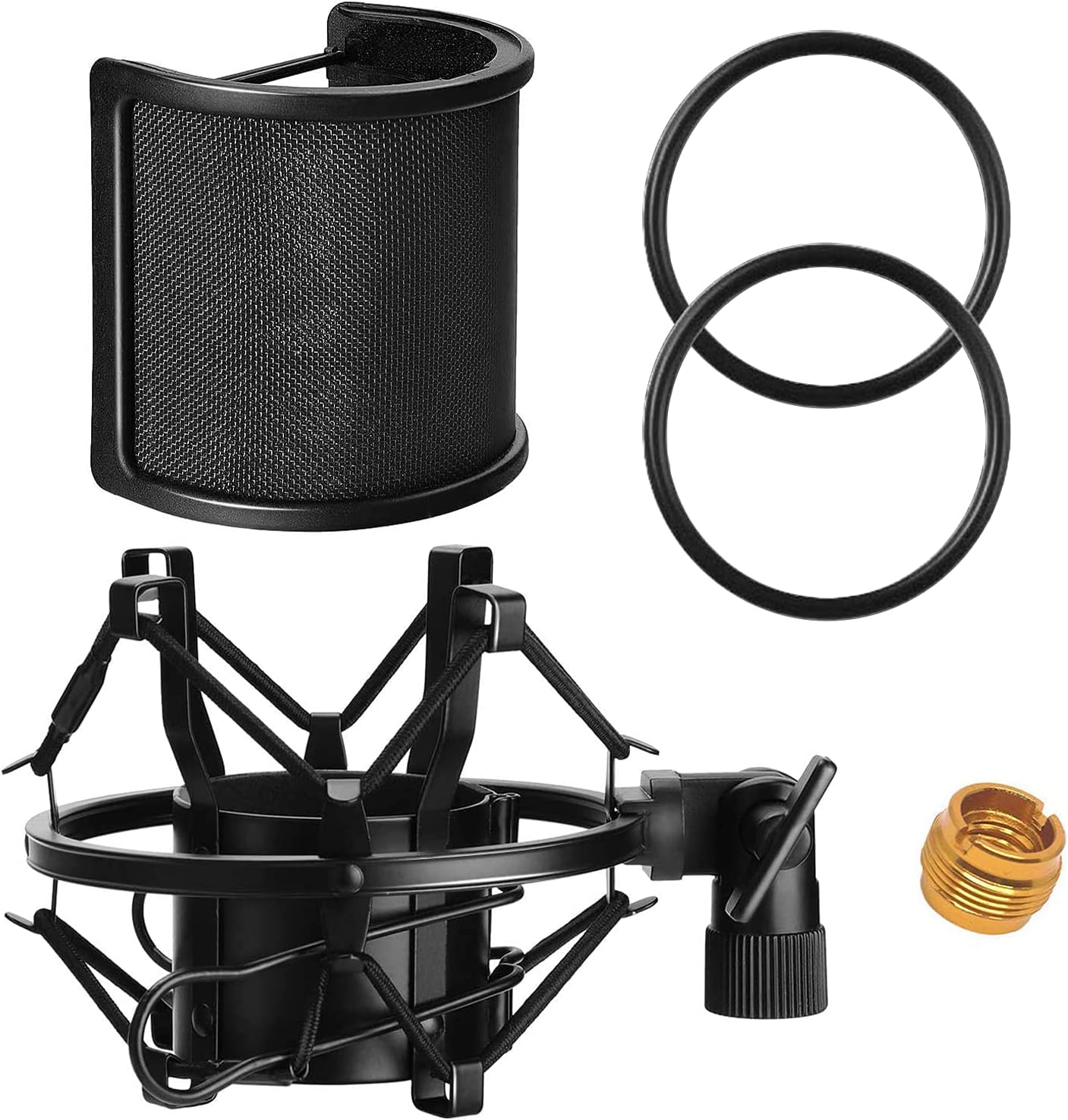 Microphone Shock Mount with Pop Filter, PEMOTech Mic Anti-Vibration Suspension Shock Mount Holder for 46mm-53mm Diameter Microphone, Compatible for AT2020 Microphone Shock Mount Bonus Screw Adapter